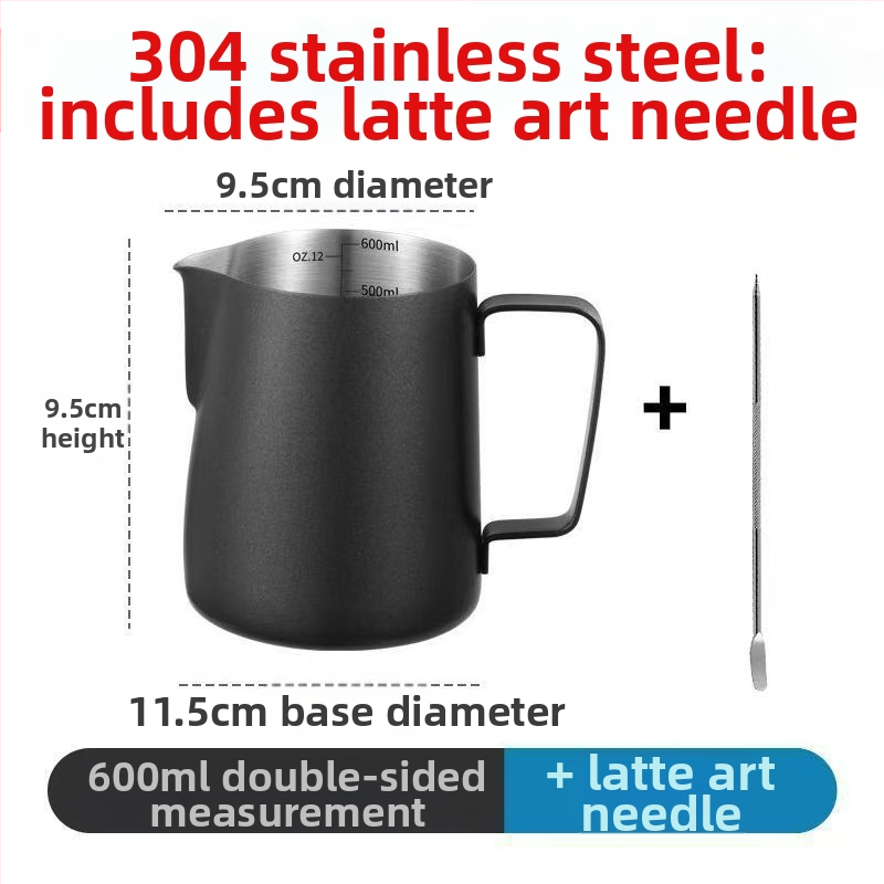Latte art kanne iš nerūdijančio plieno su matavimo skale ir smaigiu snapu