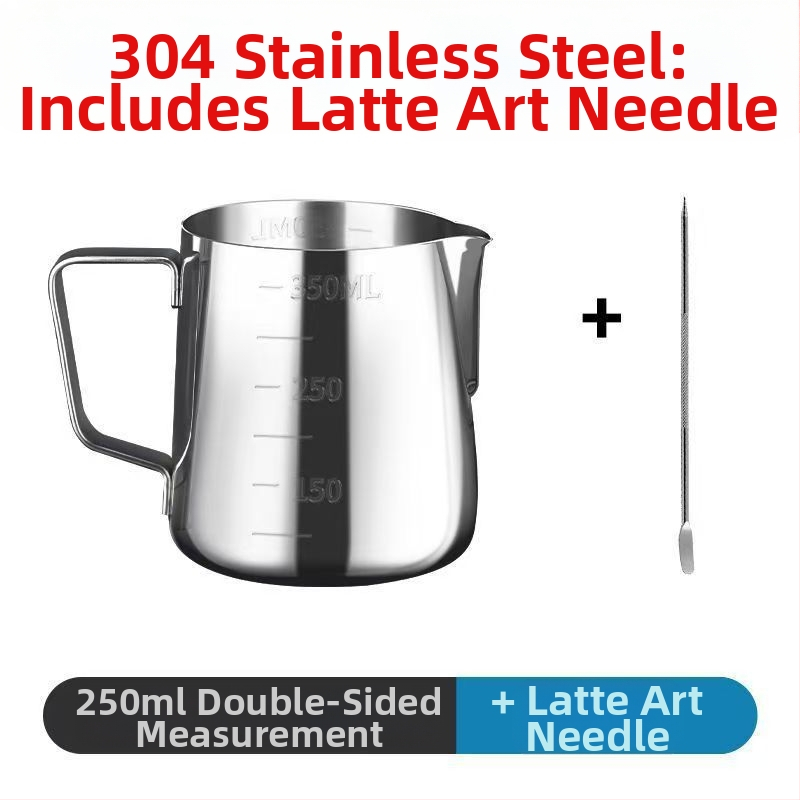 Latte art kanne iš nerūdijančio plieno su matavimo skale ir smaigiu snapu