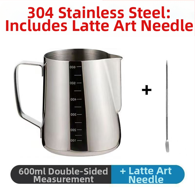 Latte art kanne iš nerūdijančio plieno su matavimo skale ir smaigiu snapu