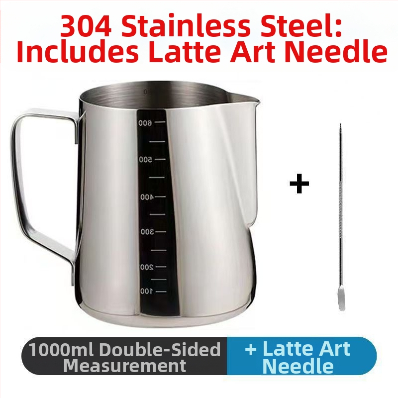 Latte art kanne iš nerūdijančio plieno su matavimo skale ir smaigiu snapu
