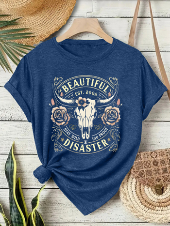 Ženski T‑shirt kratkih rukava s printom zapadnjačkog kauboja, okrugli izrez, mješavina poliester i pamuk, srednje duljine.