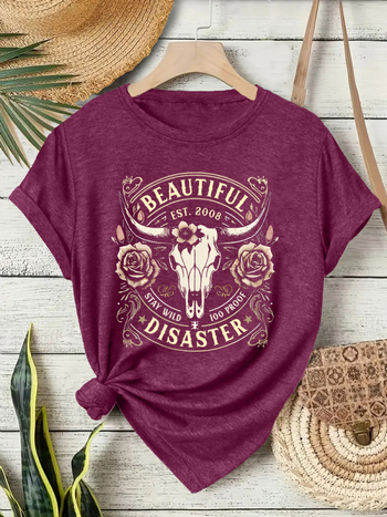 Ženski T‑shirt kratkih rukava s printom zapadnjačkog kauboja, okrugli izrez, mješavina poliester i pamuk, srednje duljine.