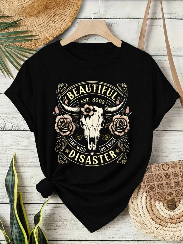 Ženski T‑shirt kratkih rukava s printom zapadnjačkog kauboja, okrugli izrez, mješavina poliester i pamuk, srednje duljine.