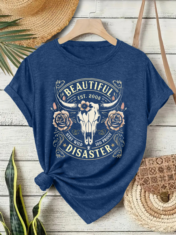 Ženski T‑shirt kratkih rukava s printom zapadnjačkog kauboja, okrugli izrez, mješavina poliester i pamuk, srednje duljine.