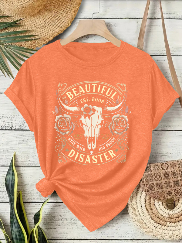 Ženski T‑shirt kratkih rukava s printom zapadnjačkog kauboja, okrugli izrez, mješavina poliester i pamuk, srednje duljine.