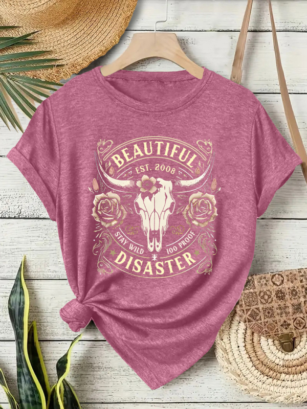 Ženski T‑shirt kratkih rukava s printom zapadnjačkog kauboja, okrugli izrez, mješavina poliester i pamuk, srednje duljine.