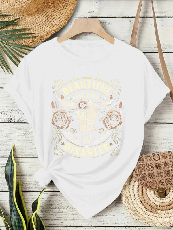 Ženski T‑shirt kratkih rukava s printom zapadnjačkog kauboja, okrugli izrez, mješavina poliester i pamuk, srednje duljine.