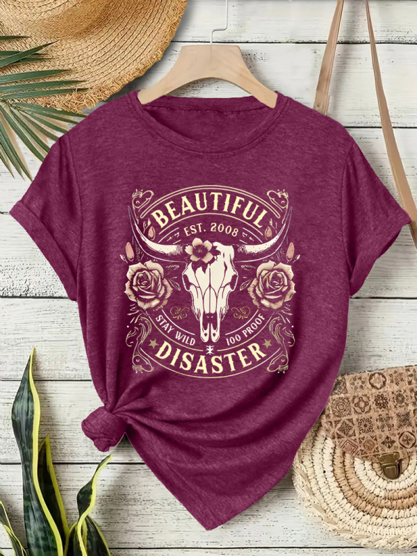 Ženski T‑shirt kratkih rukava s printom zapadnjačkog kauboja, okrugli izrez, mješavina poliester i pamuk, srednje duljine.