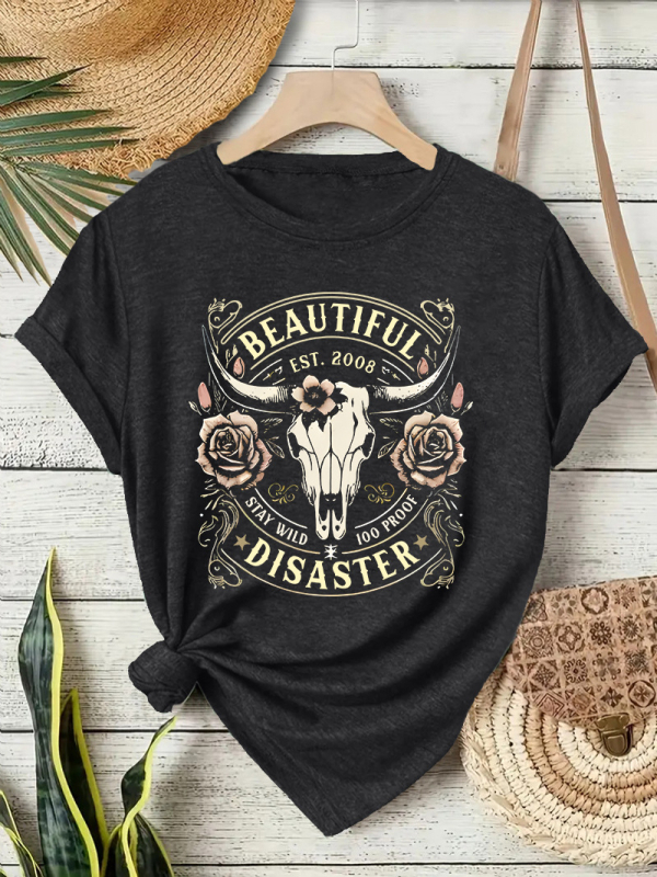 Ženski T‑shirt kratkih rukava s printom zapadnjačkog kauboja, okrugli izrez, mješavina poliester i pamuk, srednje duljine.