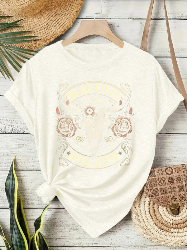 Ženski T‑shirt kratkih rukava s printom zapadnjačkog kauboja, okrugli izrez, mješavina poliester i pamuk, srednje duljine.