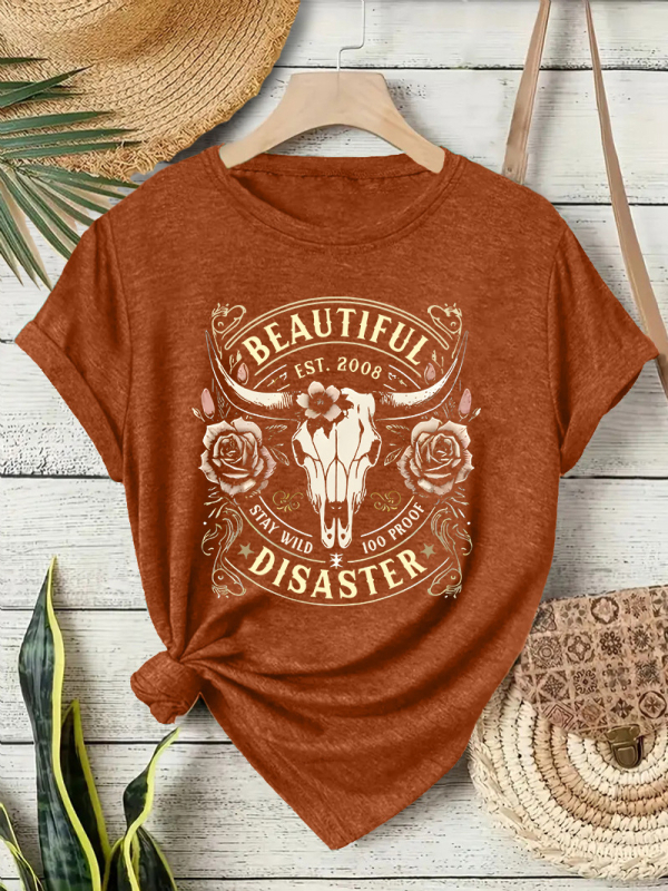 Ženski T‑shirt kratkih rukava s printom zapadnjačkog kauboja, okrugli izrez, mješavina poliester i pamuk, srednje duljine.