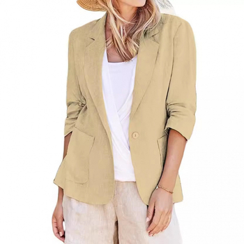 Γυναικείος στενός μπλέιζερ με πέτο, βαμβακο-λινό μείγμα, 95% βαμβάκι, μακριά μανίκια, επαγγελματικό στυλ γραφείου