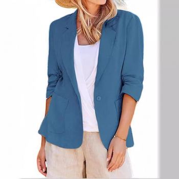 Γυναικείος στενός μπλέιζερ με πέτο, βαμβακο-λινό μείγμα, 95% βαμβάκι, μακριά μανίκια, επαγγελματικό στυλ γραφείου