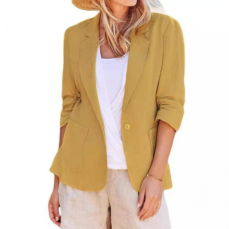 Sievietes šaurs bleizers ar klopveļu apkakli, garas piedurknes, kokvilnas-linuma maisījums, 95% kokvilna, biroja stils