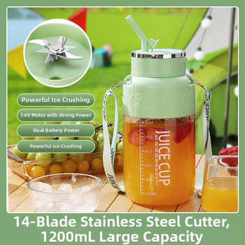 Nešiojamas sulčių spaudyklės puodelis, talpa 401–600 ml, galia 150 W, greitis 15001–18000 rpm, daugiau nei penki peiliai, įmontuota baterija