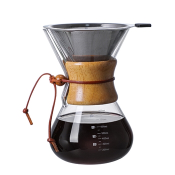 Γυάλινη κανάτα καφέ pour-over με φίλτρο, χωρίς λαβή, ξύλινο στοιχείο, σετ για οικιακή χρήση