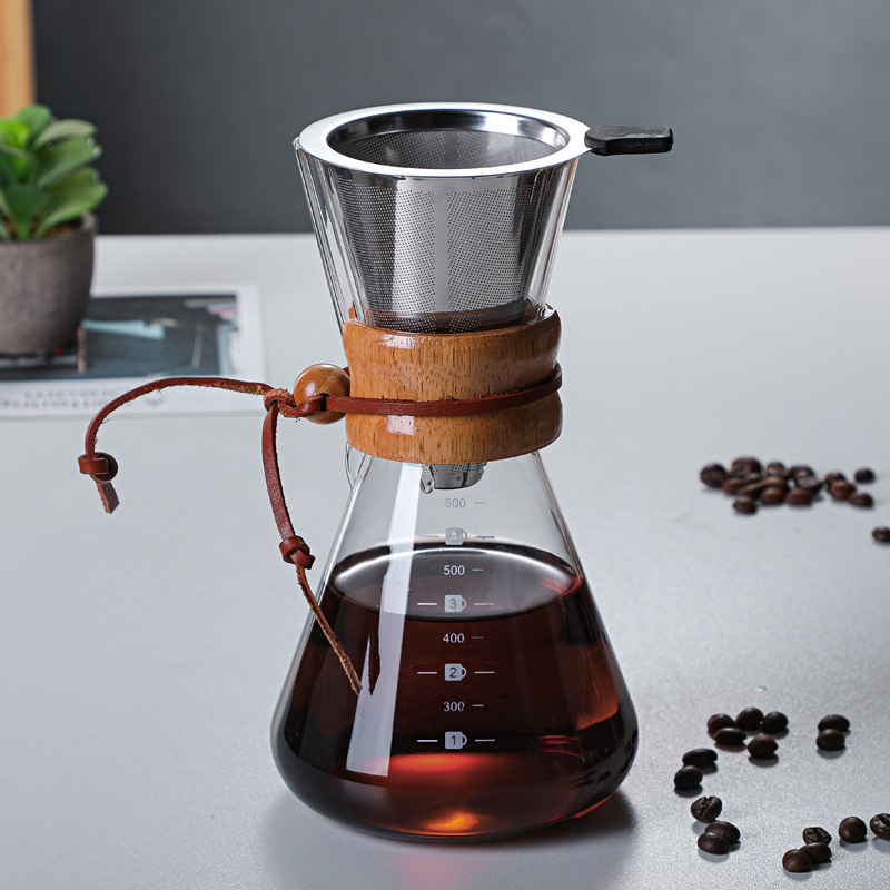 Stiklinė pour-over kavos kanne su filtru, be rankenos, medžio dalis, namų naudojimui