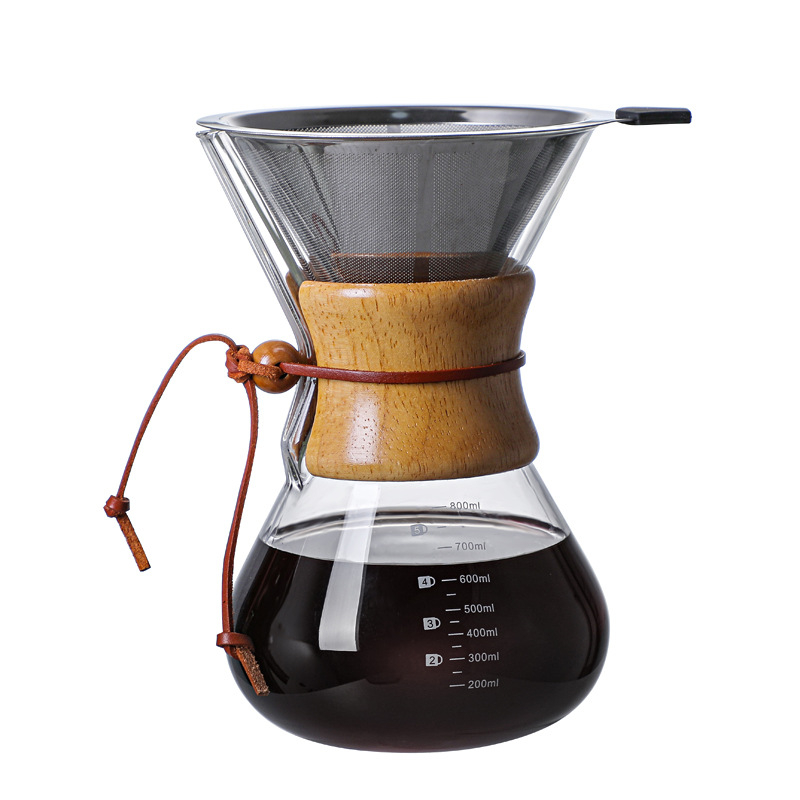 Stiklinė pour-over kavos kanne su filtru, be rankenos, medžio dalis, namų naudojimui