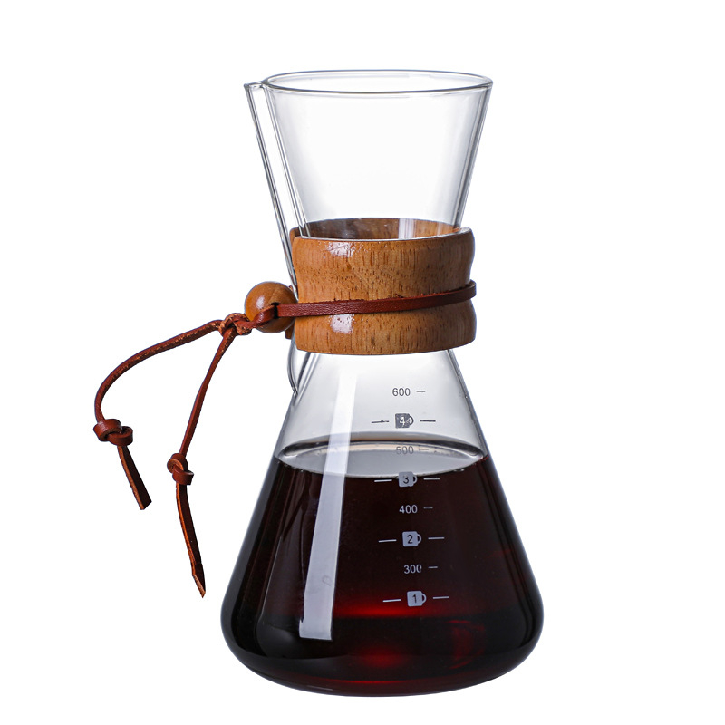 Γυάλινη κανάτα καφέ pour-over με φίλτρο, χωρίς λαβή, ξύλινο στοιχείο, σετ για οικιακή χρήση