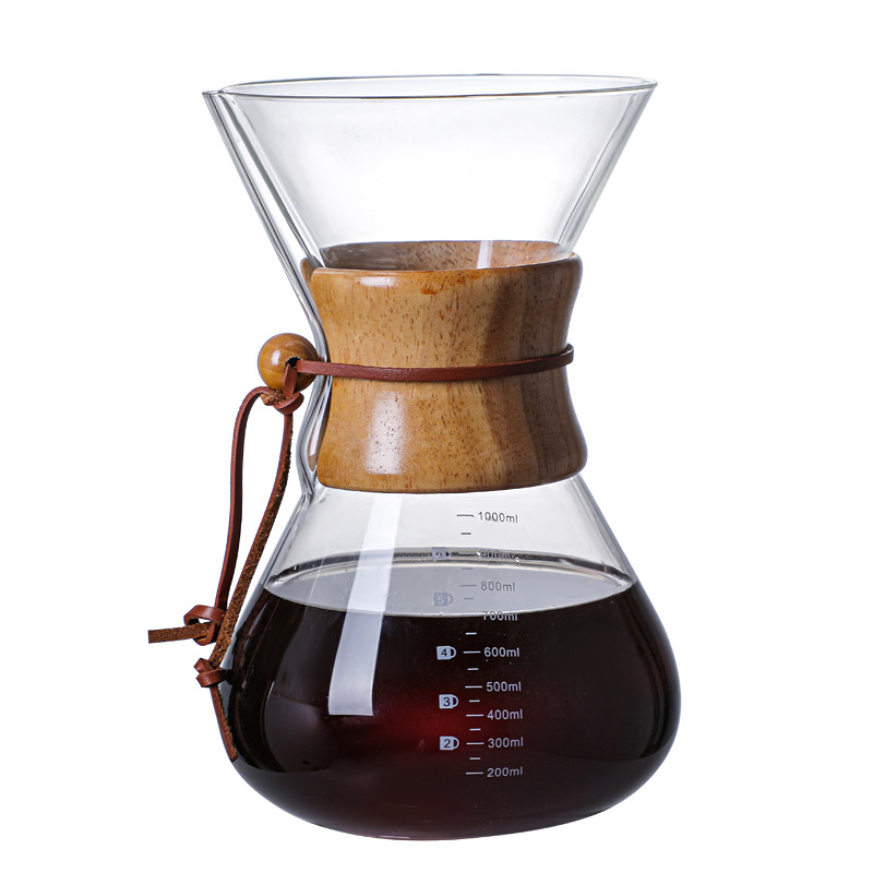 Γυάλινη κανάτα καφέ pour-over με φίλτρο, χωρίς λαβή, ξύλινο στοιχείο, σετ για οικιακή χρήση