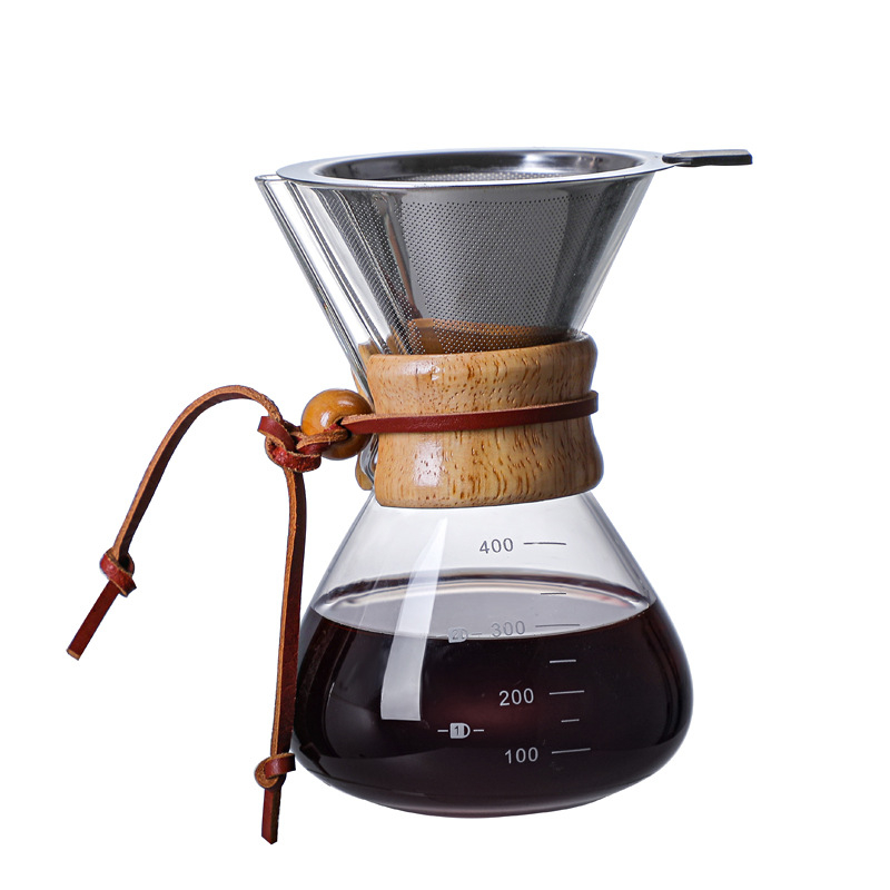 Γυάλινη κανάτα καφέ pour-over με φίλτρο, χωρίς λαβή, ξύλινο στοιχείο, σετ για οικιακή χρήση