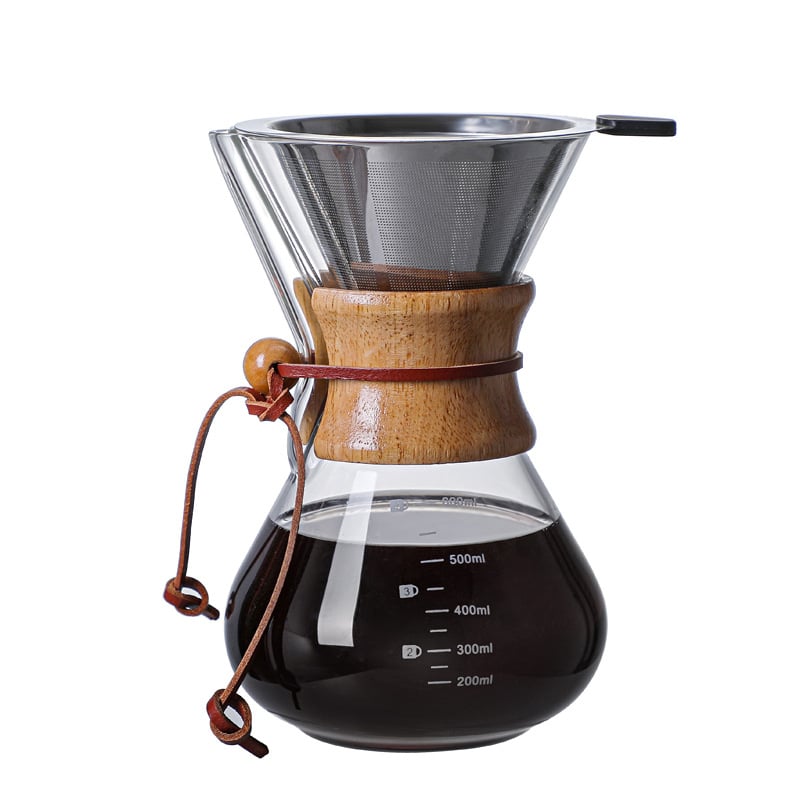 Γυάλινη κανάτα καφέ pour-over με φίλτρο, χωρίς λαβή, ξύλινο στοιχείο, σετ για οικιακή χρήση