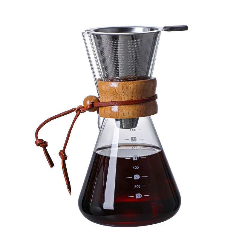 Γυάλινη κανάτα καφέ pour-over με φίλτρο, χωρίς λαβή, ξύλινο στοιχείο, σετ για οικιακή χρήση