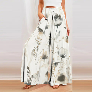 Кюлоти за жени с широки крачоли, висока талия, свободен силует, конопена материя, дигитален печат, артистично ретро стил