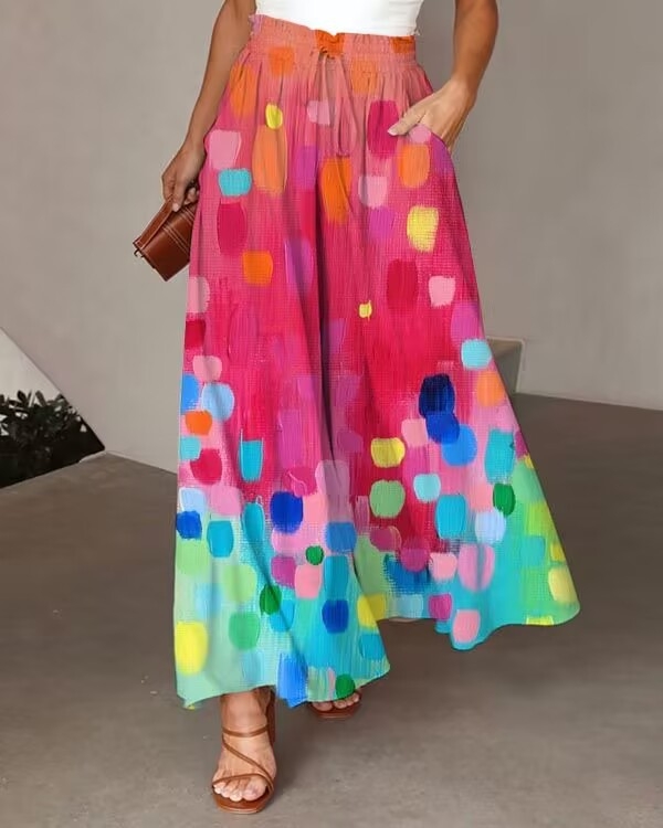 Кюлоти за жени с широки крачоли, висока талия, свободен силует, конопена материя, дигитален печат, артистично ретро стил