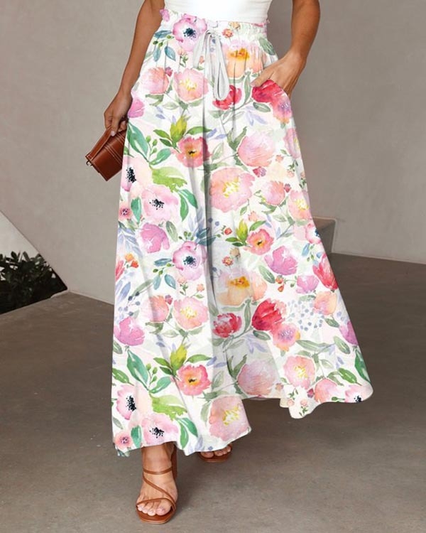 Кюлоти за жени с широки крачоли, висока талия, свободен силует, конопена материя, дигитален печат, артистично ретро стил