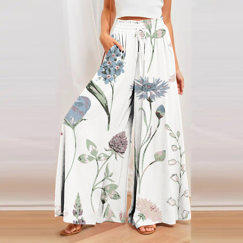 Кюлоти за жени с широки крачоли, висока талия, свободен силует, конопена материя, дигитален печат, артистично ретро стил