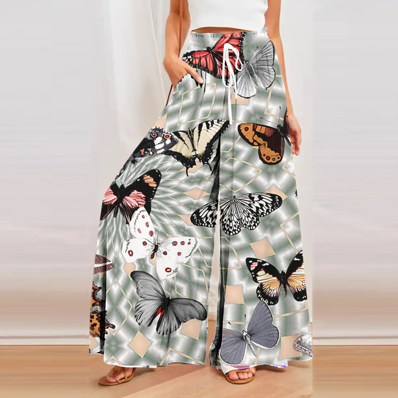 Кюлоти за жени с широки крачоли, висока талия, свободен силует, конопена материя, дигитален печат, артистично ретро стил