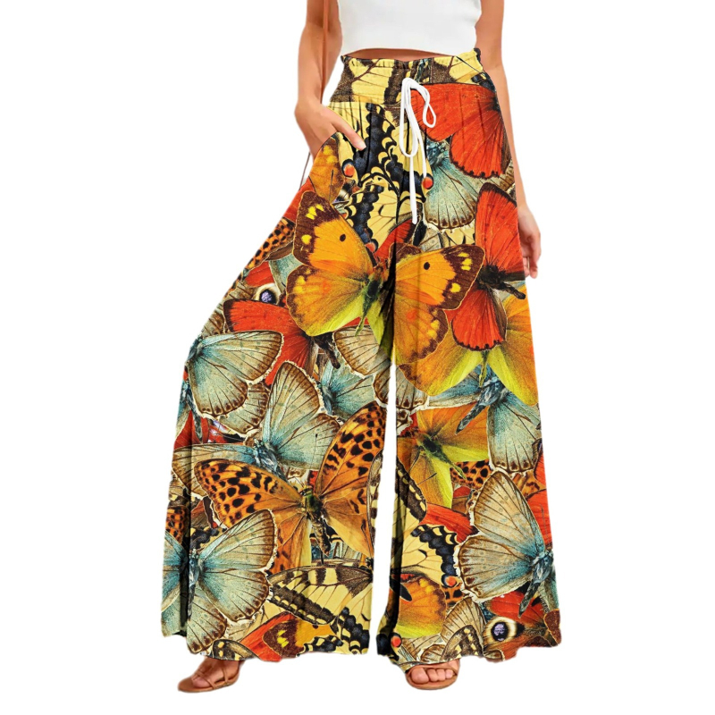 Кюлоти за жени с широки крачоли, висока талия, свободен силует, конопена материя, дигитален печат, артистично ретро стил