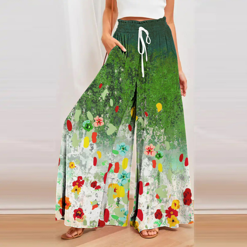Кюлоти за жени с широки крачоли, висока талия, свободен силует, конопена материя, дигитален печат, артистично ретро стил