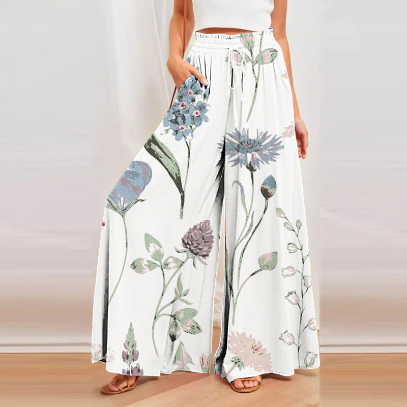 Кюлоти за жени с широки крачоли, висока талия, свободен силует, конопена материя, дигитален печат, артистично ретро стил