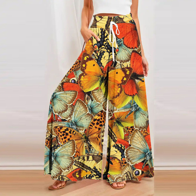 Кюлоти за жени с широки крачоли, висока талия, свободен силует, конопена материя, дигитален печат, артистично ретро стил