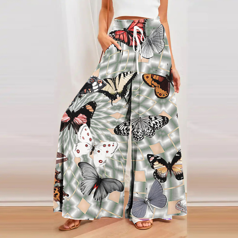 Кюлоти за жени с широки крачоли, висока талия, свободен силует, конопена материя, дигитален печат, артистично ретро стил