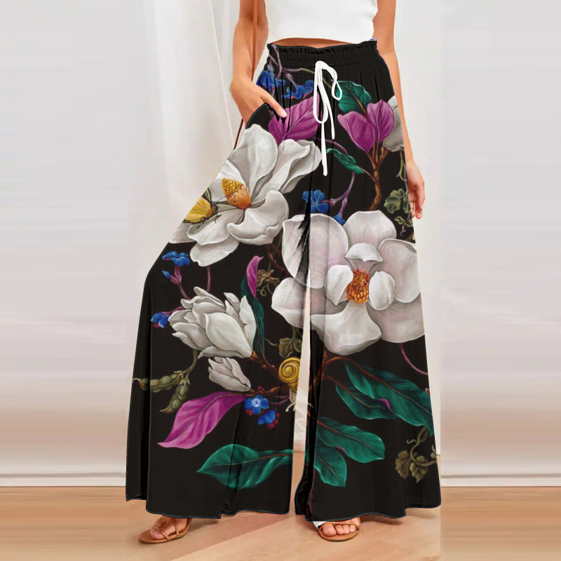Кюлоти за жени с широки крачоли, висока талия, свободен силует, конопена материя, дигитален печат, артистично ретро стил
