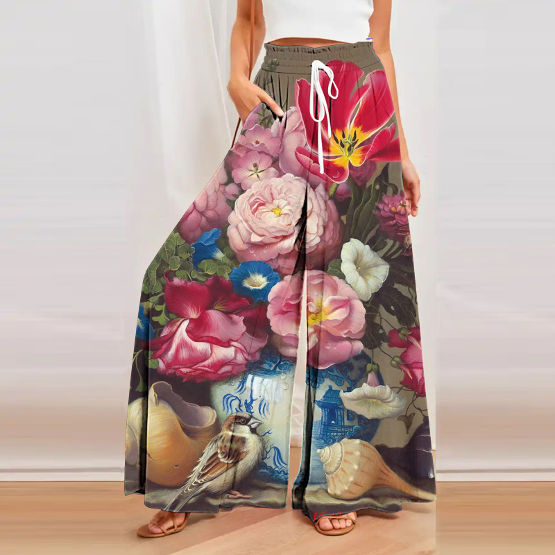 Кюлоти за жени с широки крачоли, висока талия, свободен силует, конопена материя, дигитален печат, артистично ретро стил