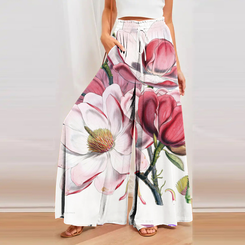 Кюлоти за жени с широки крачоли, висока талия, свободен силует, конопена материя, дигитален печат, артистично ретро стил
