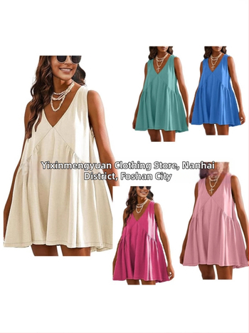 Полиестерна рокля с V-образно деколте, без ръкави, А-линия, дължина миди