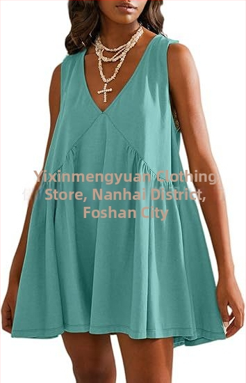 Полиестерна рокля с V-образно деколте, без ръкави, А-линия, дължина миди