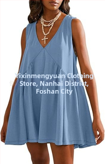 Полиестерна рокля с V-образно деколте, без ръкави, А-линия, дължина миди