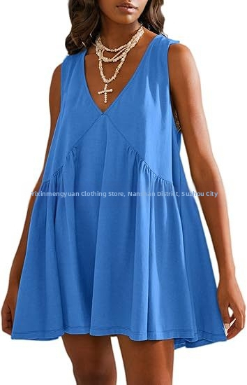 Полиестерна рокля с V-образно деколте, без ръкави, А-линия, дължина миди