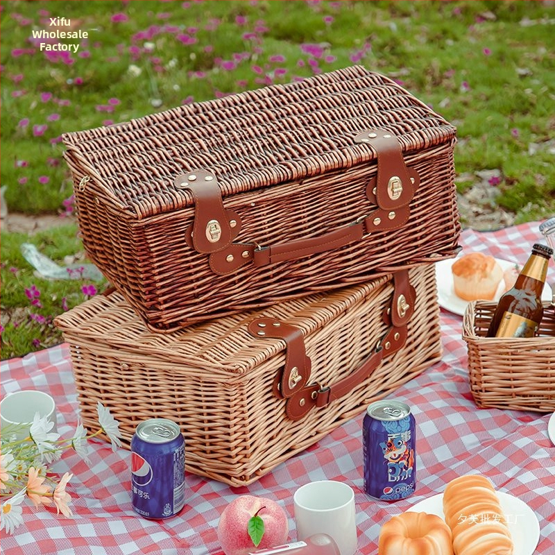 Кошница за пикник на открито със ратаново-бамбукова конструкция, преносима кошница за съхранение с ръчна дръжка