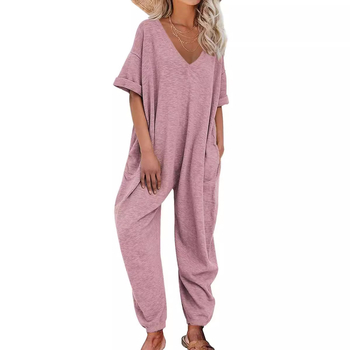 Γυναικεία ολόσωμη φόρμα με V-λαιμό, κοντές μανίκες, χαλαρή γραμμή, μίγμα βαμβάκι-ελαστάν, cargo παντελόνια με τσέπες