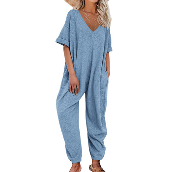 Γυναικεία ολόσωμη φόρμα με V-λαιμό, κοντές μανίκες, χαλαρή γραμμή, μίγμα βαμβάκι-ελαστάν, cargo παντελόνια με τσέπες