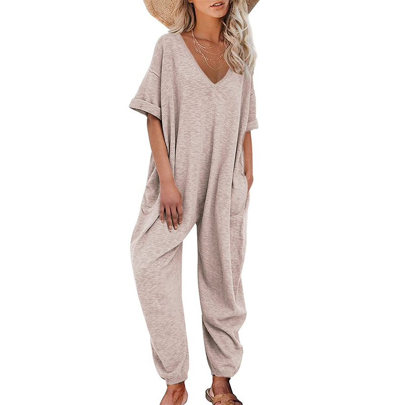 Γυναικεία ολόσωμη φόρμα με V-λαιμό, κοντές μανίκες, χαλαρή γραμμή, μίγμα βαμβάκι-ελαστάν, cargo παντελόνια με τσέπες