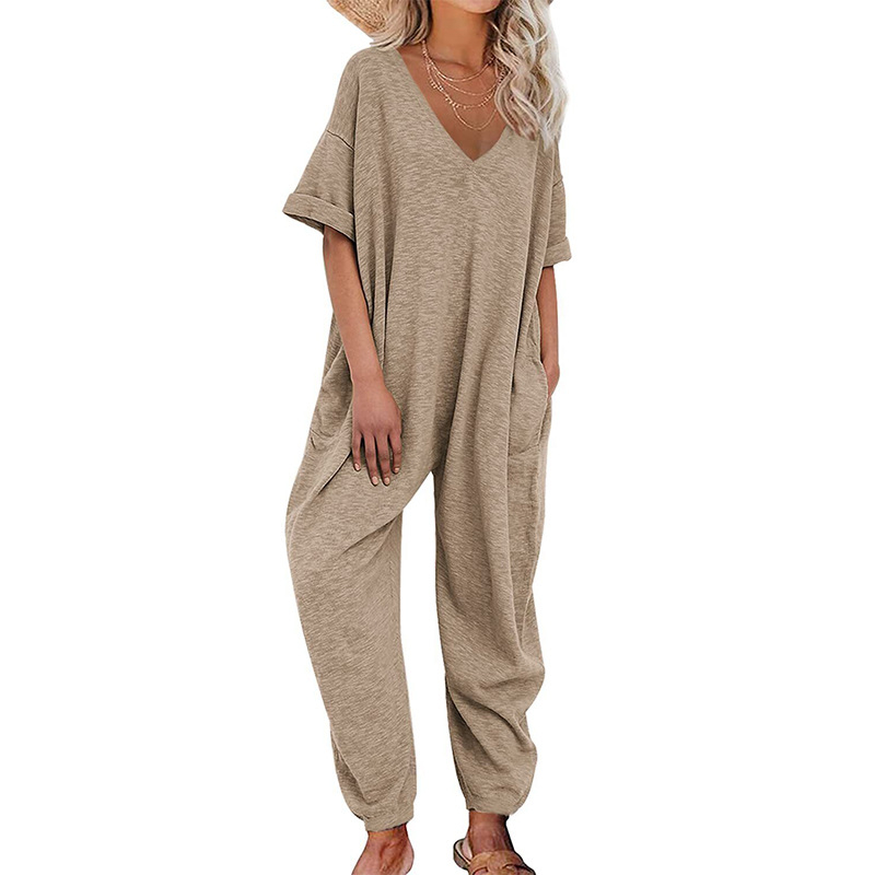 Γυναικεία ολόσωμη φόρμα με V-λαιμό, κοντές μανίκες, χαλαρή γραμμή, μίγμα βαμβάκι-ελαστάν, cargo παντελόνια με τσέπες