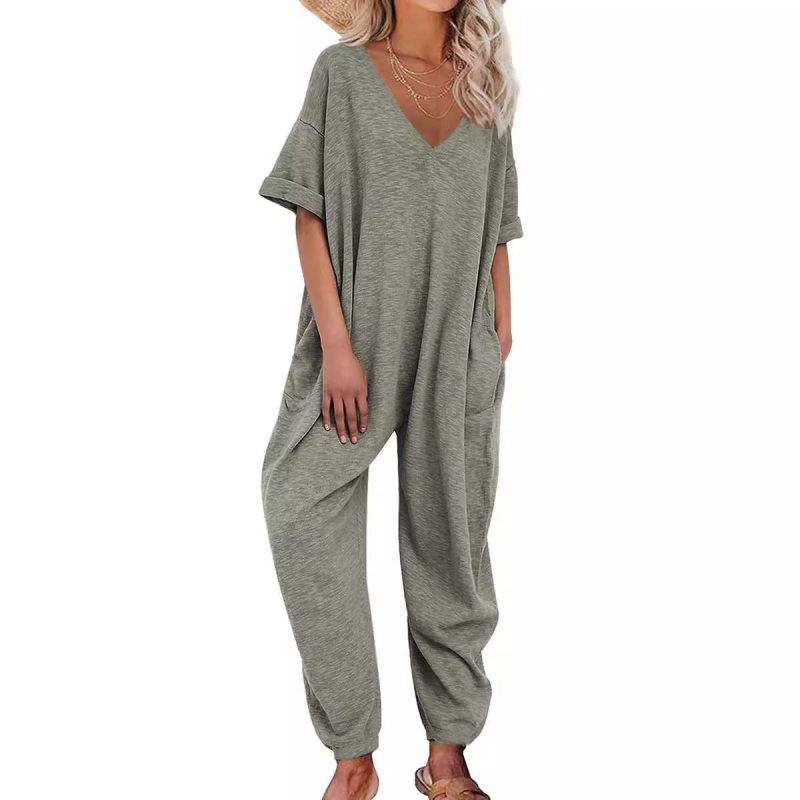 Γυναικεία ολόσωμη φόρμα με V-λαιμό, κοντές μανίκες, χαλαρή γραμμή, μίγμα βαμβάκι-ελαστάν, cargo παντελόνια με τσέπες